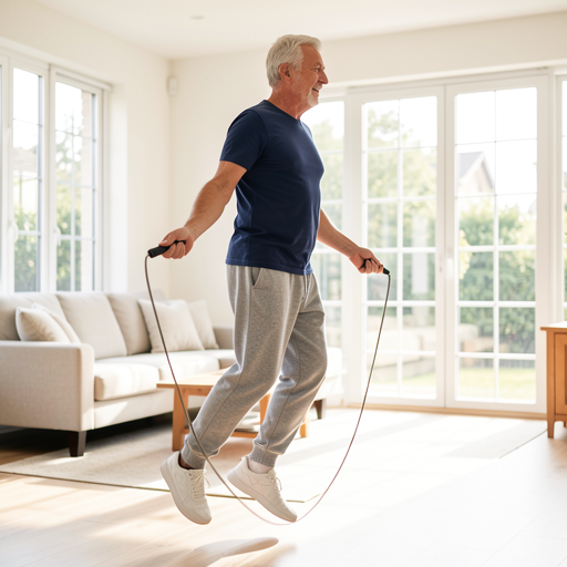 older man jumping rope in living room