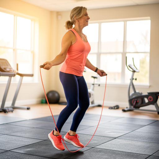 middle aged woman jumping rope in nursery home gym